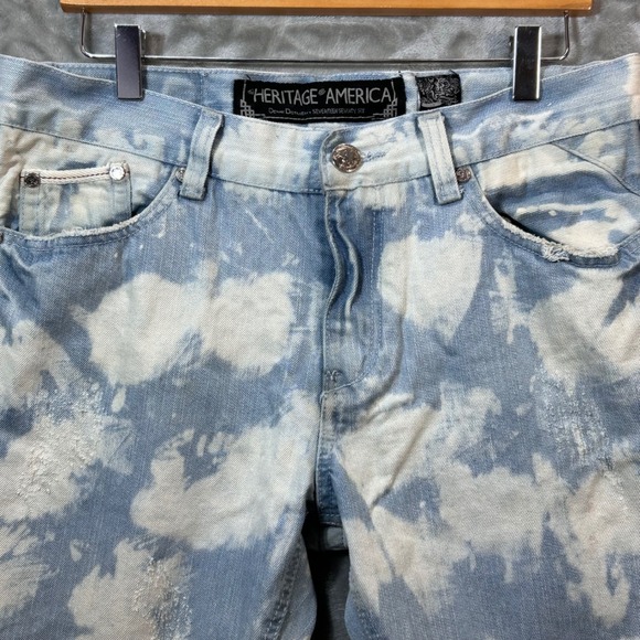 Heritage America Men Distressed Acid Wash Jeans Cloud Print Ripped Denim 34x20 - Picture 2 of 15
